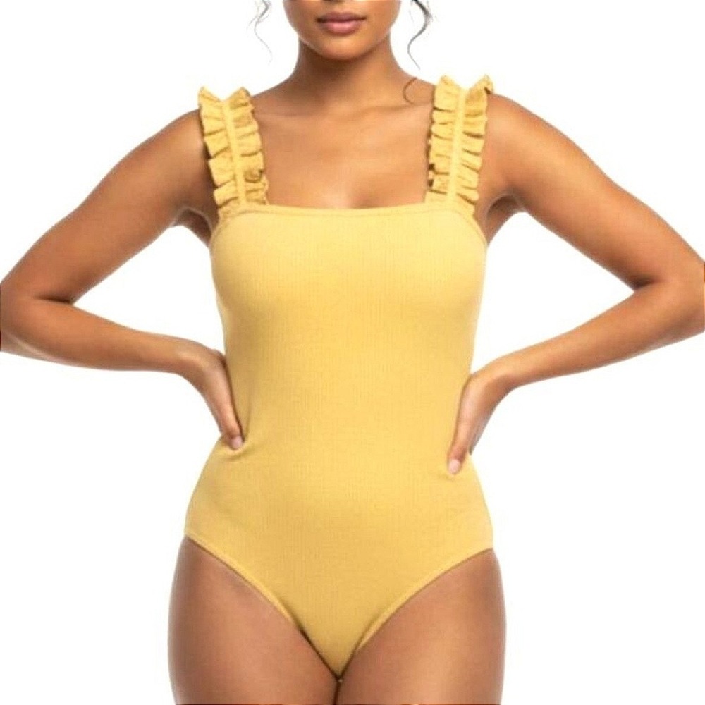 Le Lis Flounced Womens Small Ruffle Strap Ribbed Mustard Yellow Bodysuit